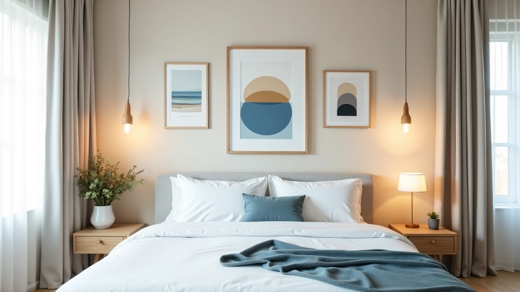 Interior de dormitorio con arte distribuido en paredes diferentes, mostrando repetición de colores azul y beige en diferentes contextos
