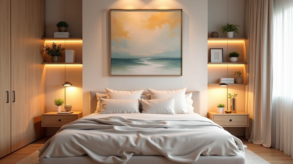 Dormitorio con pintura moderna como punto focal encima de cama, mesitas de noche a los costados con objetos decorativos complementarios