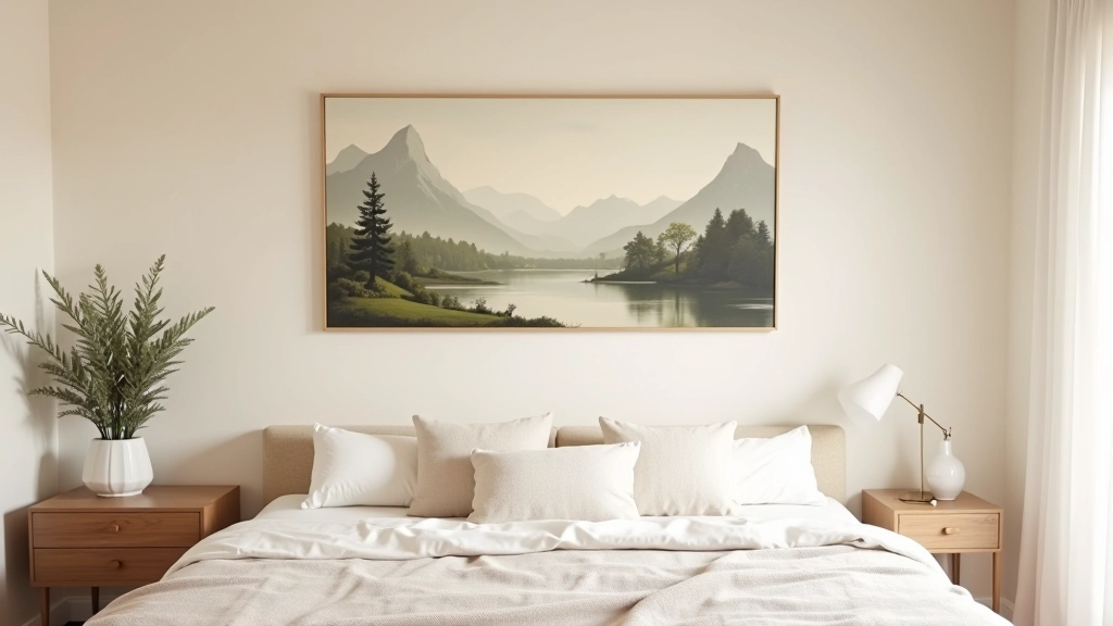 Pintura grande de paisaje como punto focal encima de consola de madera en dormitorio