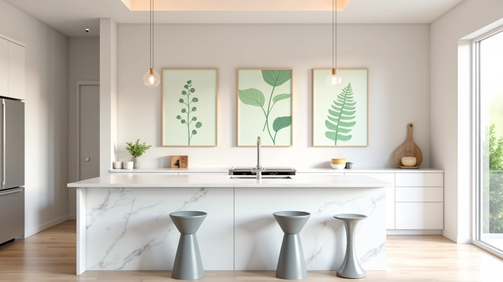 Cocina moderna con isla de mármol blanco, taburetes grises, y dos cuadros con motivos botánicos en la pared posterior en tonos verdes