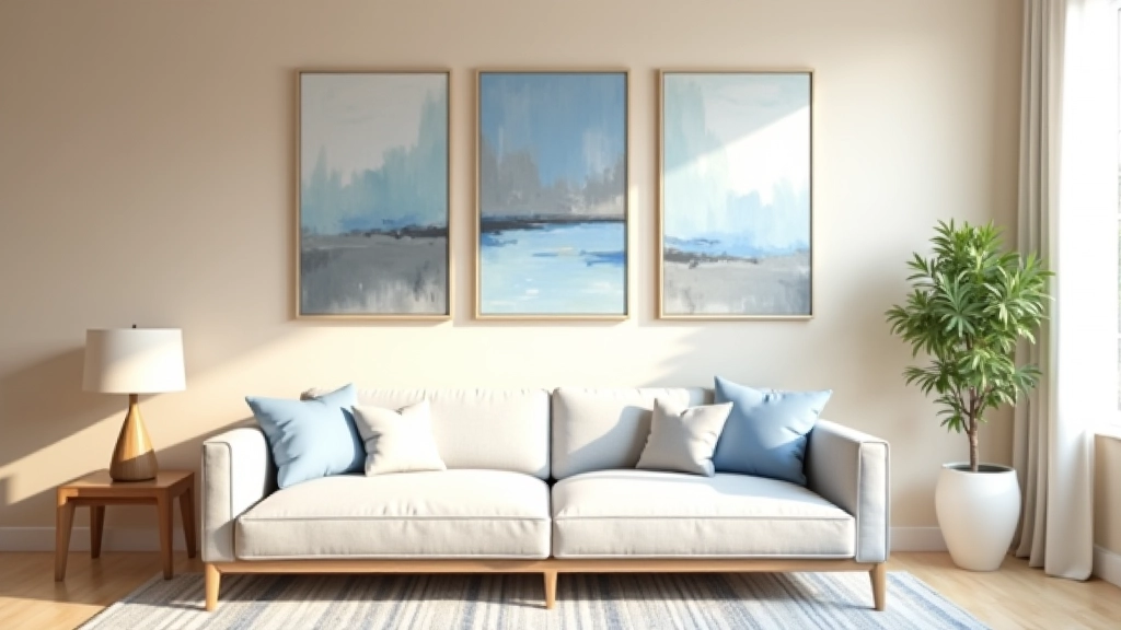 Sala de estar con paredes beige, sofá gris claro y tres cuadros modernos con tonos azules y grises colgados en patrón asimétrico